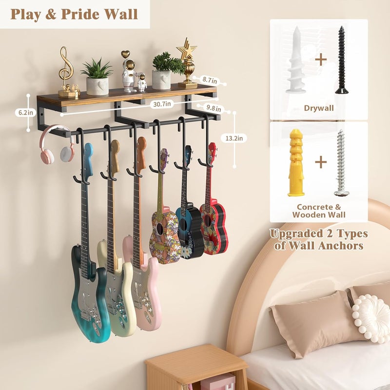 Keebofly Guitar Wall Mount Hangers Holds 6 Guitars with Rustic Shelf - 6-Detachable Guitar Hooks Universal Fit for Acoustic, Electric, Bass Guitars & Ukulele (Brown) - Image 3